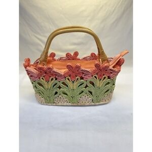 Cappelli Style Straw Handbag Satchel With Flowers And Bamboo Handles